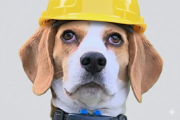Beagle mit Baustellenhelm auf dem Kopf.